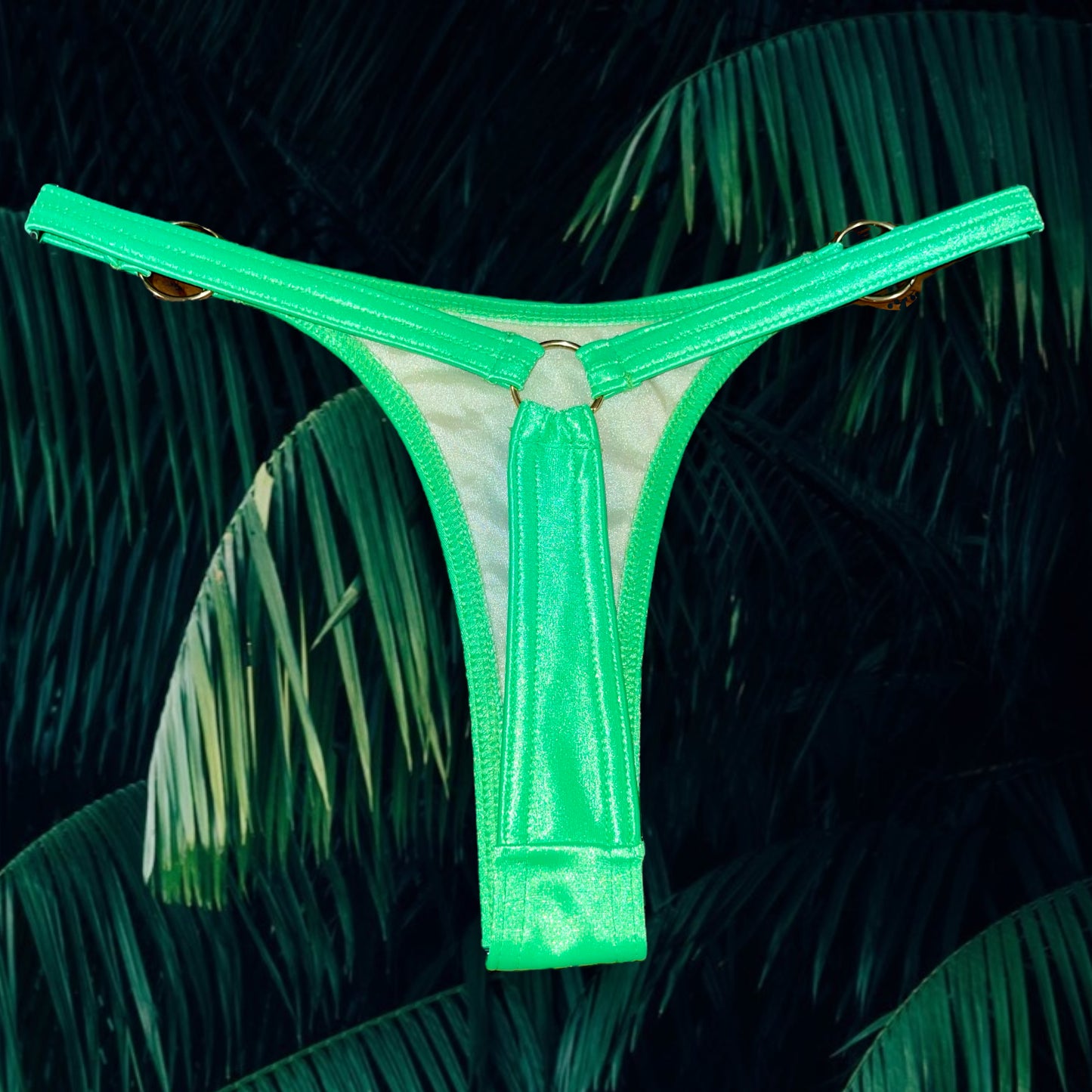 90's Lime Green Satin O-Ring Thong Minimalist Bikini Bottom