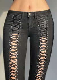 Vintage Y2K Low-Rise Lace-Up Bootcut Jeans – Black Stretch Denim with Rhinestone Studs