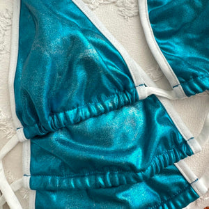 Y2K Ringer Slide Triangle Bikini Top | Metallic Turquoise & White