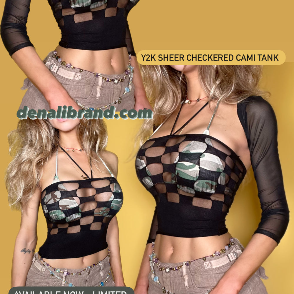 
                      
                        Sheer Checkerboard Cami Halter Crop Top | Y2K Grunge
                      
                    