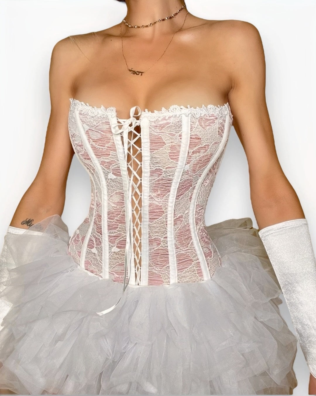 90s Medium Plunge Coquette White Lace-Up Strapless Corset Top | Sexy Ballet-Core,  Pink