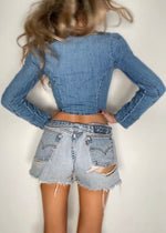 XS Y2K Levis Denim Milkmaid-Blouse Crop Long Sleeve Bustier | Cottage