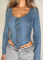 XS Y2K Levis Denim Milkmaid-Blouse Crop Long Sleeve Bustier | Cottage