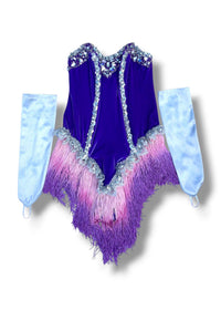 A purple and pink gradient feathered costume bodysuit with light blue long sleeves, decorated with silver rhinestone trim and embellishments, shown on a white background.