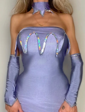 90s Small Coquette Lilac Fairy Embellished Bodycon Mini Dress 4-Piece Costume Set – Rare Vintage