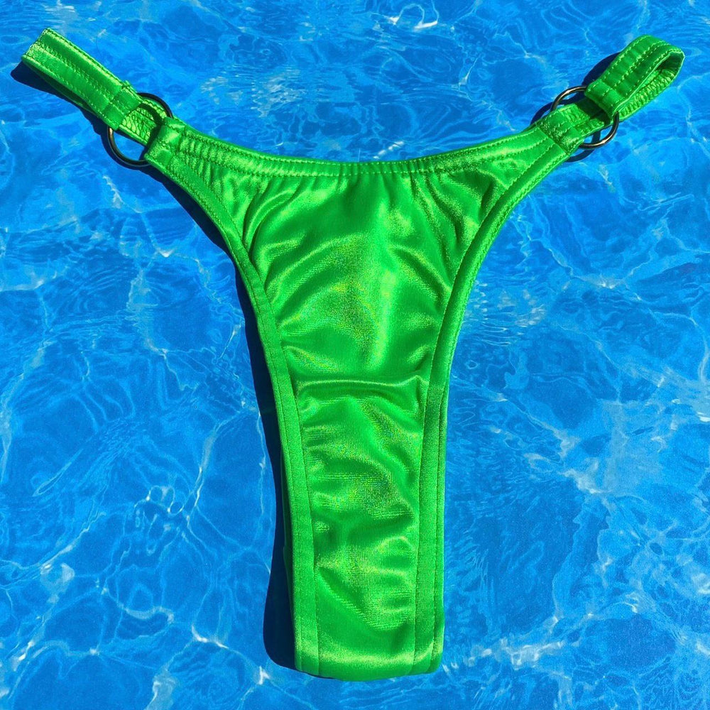 
                  
                    90's Lime Green Satin O-Ring Thong Minimalist Bikini Bottom
                  
                