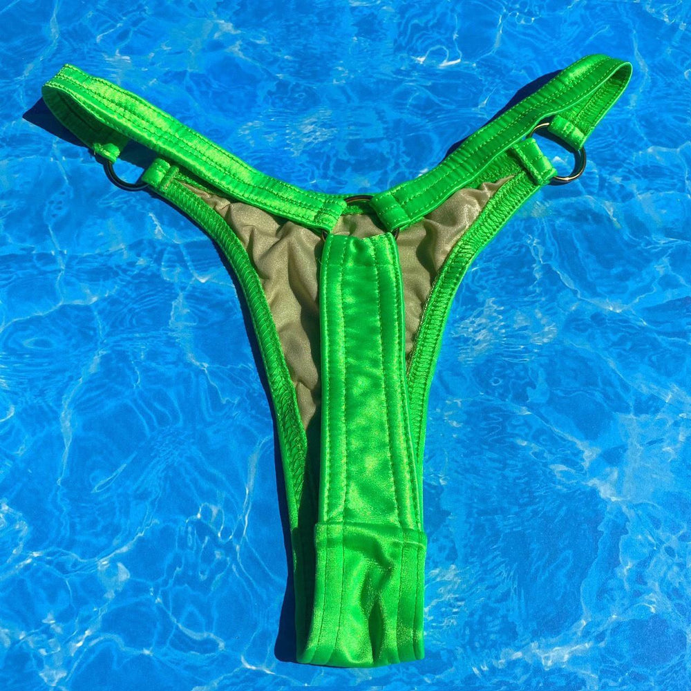 
                  
                    90's Lime Green Satin O-Ring Thong Minimalist Bikini Bottom
                  
                