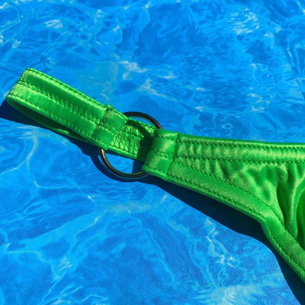 
                  
                    90's Lime Green Satin O-Ring Thong Minimalist Bikini Bottom
                  
                