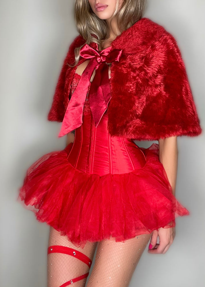 Y2K Faux Fur Cape – Vintage 2000s Red, White Bolero Shawl (USA Deadstock, One Size)