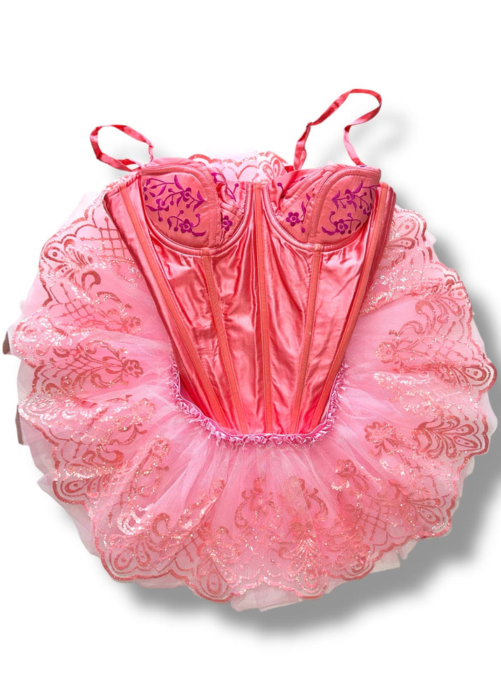 Y2K Pink Ballerina Corset Tutu 2PC Costume Set | Push-Up Bustier + Lace Tulle Skirt | Vintage USA-Made