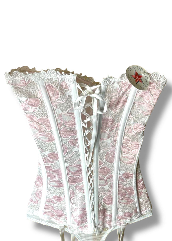 90s Coquette Pink & White Lace Corset Top | Strapless Vintage Bustier | USA-Made