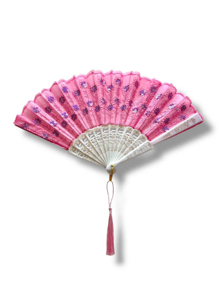 Vintage Y2K Hand Fan Collection – Sequin Embellished Lace & Tassel Fans | Pastel Pink, Blue, Black Silver, Hot Pink Gold, & Rainbow Floral (8” Folded)