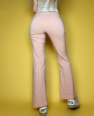 Low Rise Pink Pinstripe Grommet-Belt Clingy Flared Trouser | Size 3/4