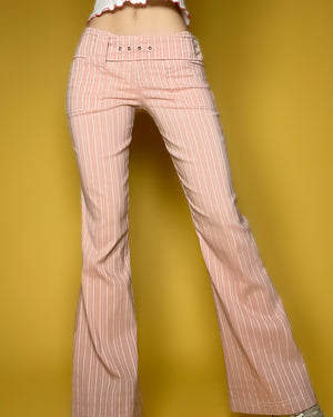Low Rise Pink Pinstripe Grommet-Belt Clingy Flared Trouser | Size 3/4