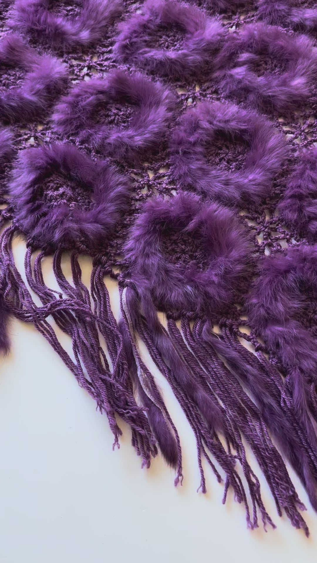 1990s Aubergine Rabbit Fur Crochet Fringe Shawl | Boho Winter Wrap | Gift