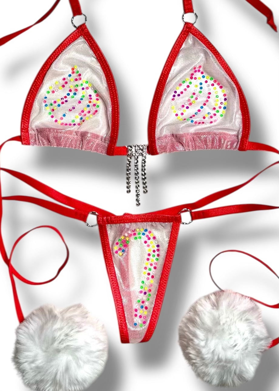 Crystal Candy Cane Holiday Micro-Lingerie Set | Handmade USA | Sheer Mesh Rhinestone Bikini | Christmas Lingerie Costume