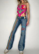 Y2K Rare Rainbow Bondage Flared Jeans & Heart Belt – Size 4