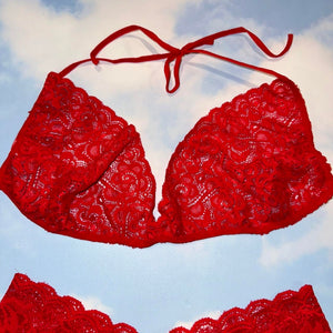Y2K Red Hot Lace Bralette & Matching Cheeky Short Panty Sexy Lingerie Set