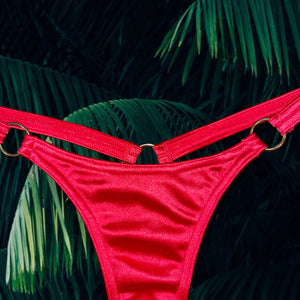 90's Red O-Ring Thong Minimalist Bikini Bottom Satin, Coquette | Medium