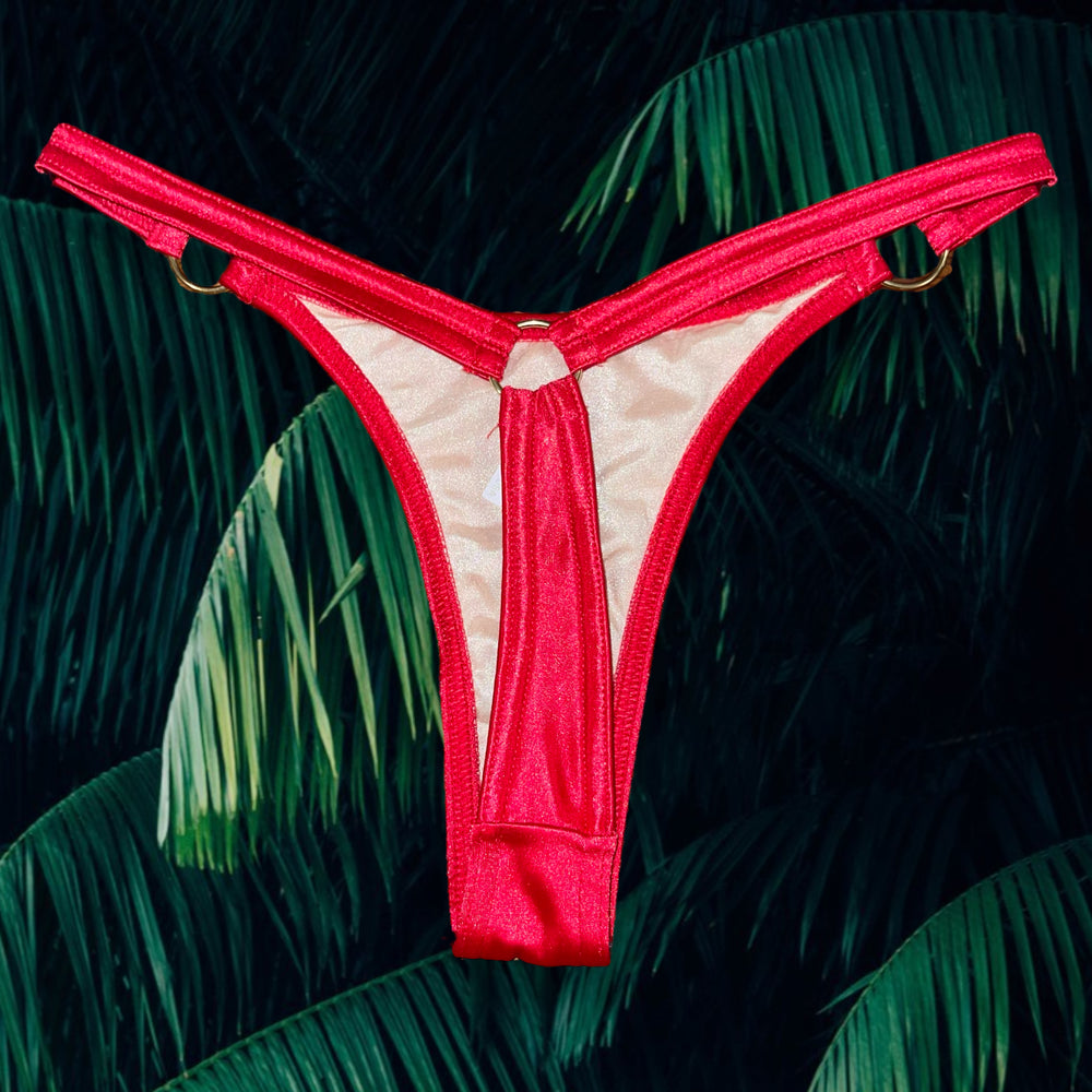 90's Red O-Ring Thong Minimalist Bikini Bottom Satin, Coquette | Medium