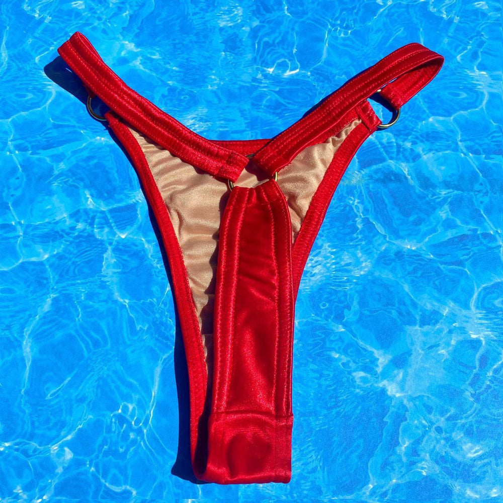 90's Red O-Ring Thong Minimalist Bikini Bottom Satin, Coquette | Medium