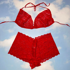 Y2K Red Hot Lace Bralette & Matching Cheeky Short Panty Sexy Lingerie Set