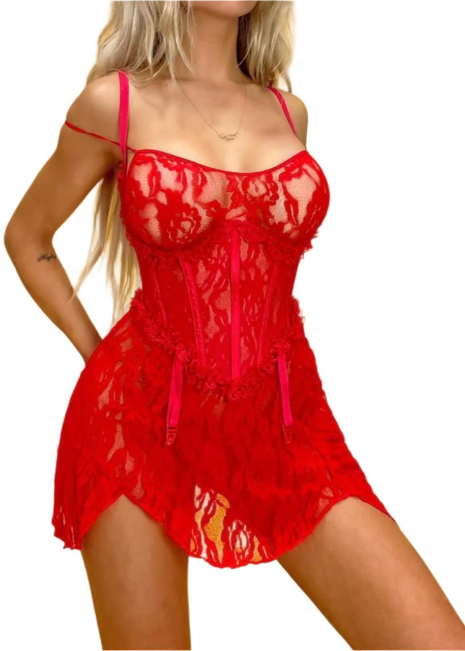 Scarlet Sheer 1990s Vintage Underbust Corset Slip Dress Set – USA Made