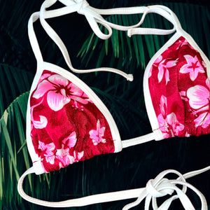 Y2K Minimalist Red Tropical Floral String Slide Triangle Bikini Top