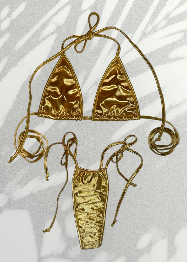 Y2K Minimalist Satin Double Lined Bikini Tie-Side Thong Swim Set, Vintage Deadstock | Silver, Gold
