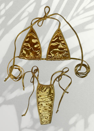 Y2K Minimalist Satin Double Lined Bikini Tie-Side Thong Swim Set, Vintage Deadstock | Silver, Gold