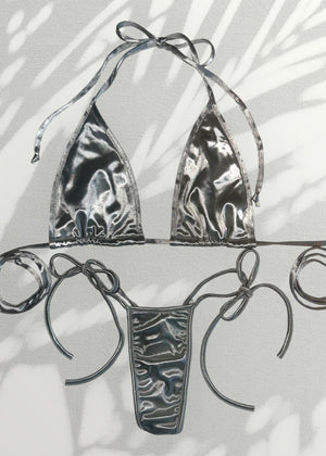 Y2K Minimalist Silver Satin Double Lined Bikini Tie-Side Thong Swim Set | Minimalist Vintage Deadstock