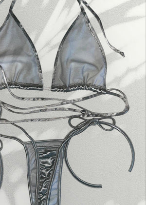 Y2K Minimalist Silver Satin Double Lined Bikini Tie-Side Thong Swim Set | Minimalist Vintage Deadstock
