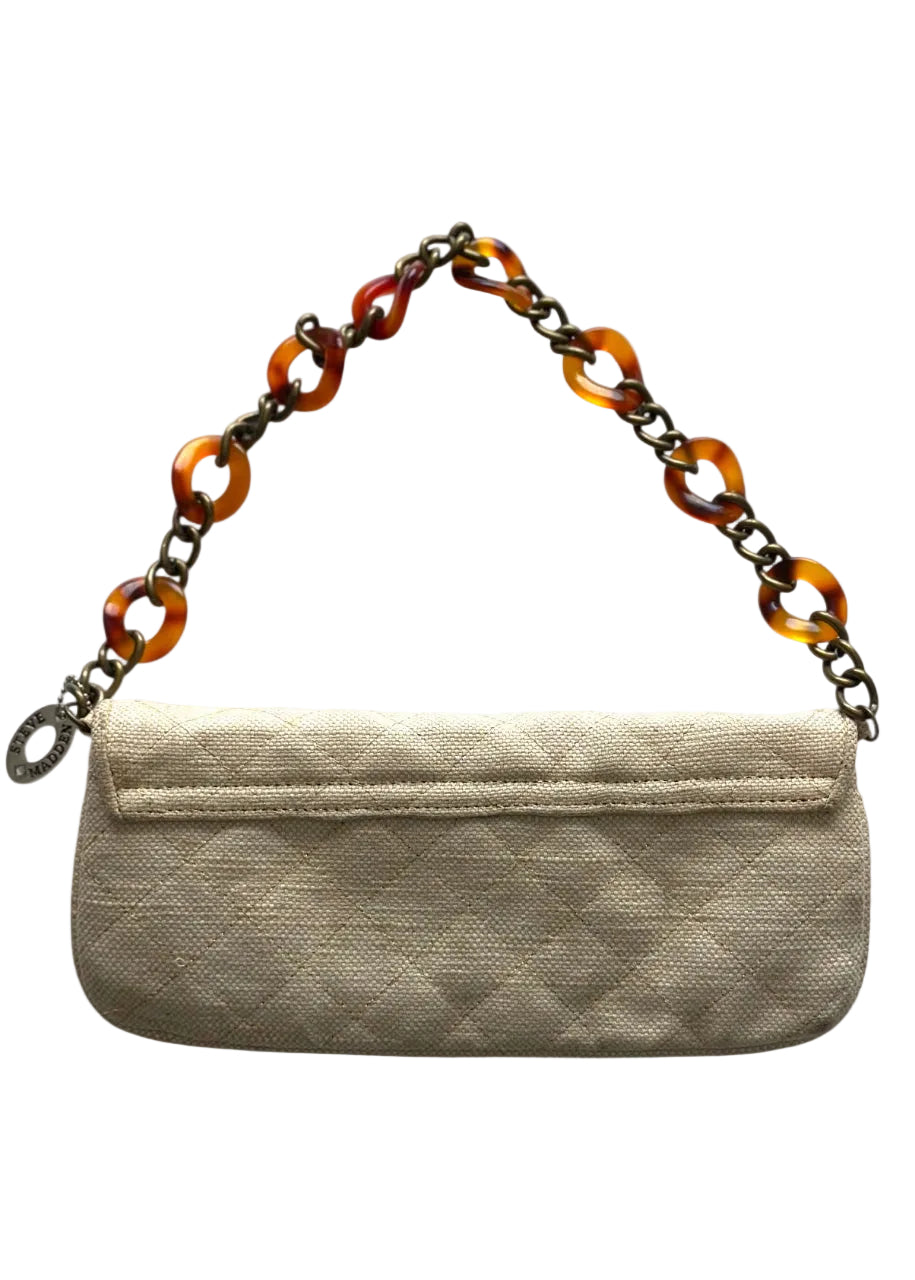Beige handbag with a tortoiseshell chain handle on a white background