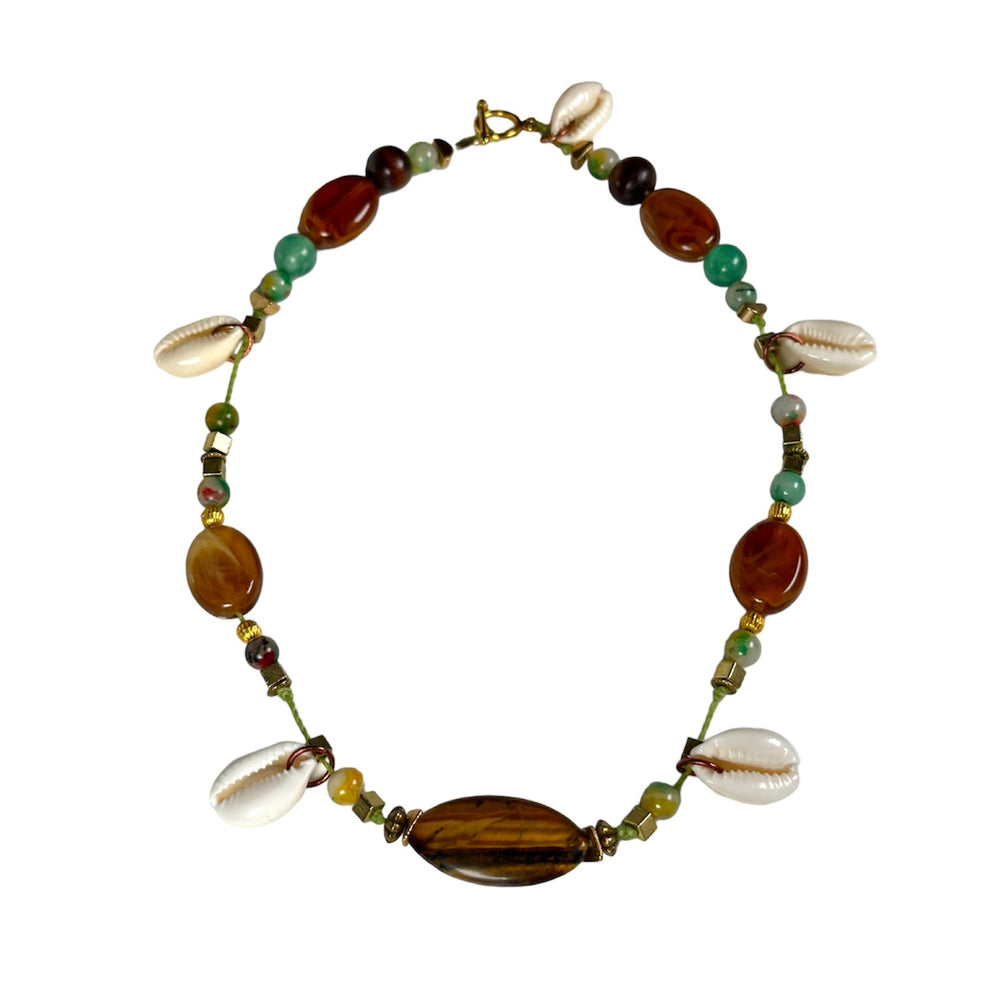 
                      
                        Tigers Eye Natural Stone & Cowrie Seahell Choker Necklace |  Denali Brand
                      
                    