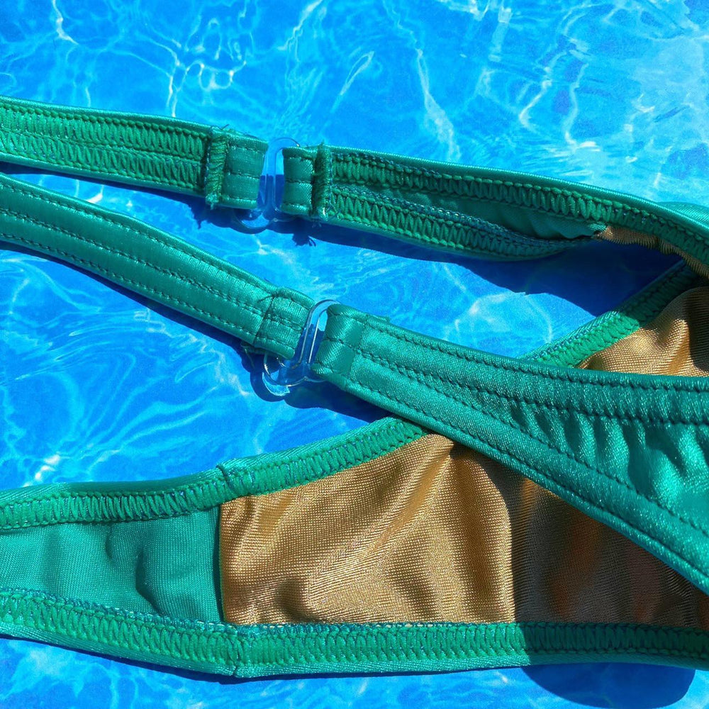 90's Teal Satin Clip-Side Thong Minimalist Bikini Bottom, Ultra Flattering Fit | MEDIUM