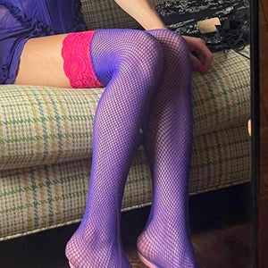 Lace Top Fishnet Thigh High Stockings | Pink & Purple