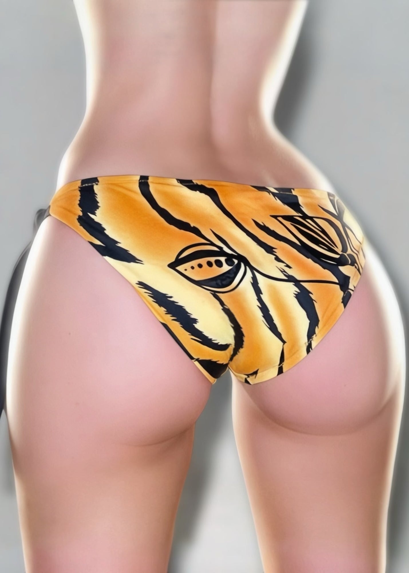 Bikini bottom with tiger stripe pattern on a neutral background