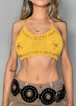 Rare 90s Hand-Crochet Yellow Floral Sparkle Festival Crop Halter Top USA-Made Boho Vintage