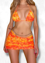 Y2K Tropical Floral Side Slit Mini Skirt Cover-Up | Retro Orange Crush