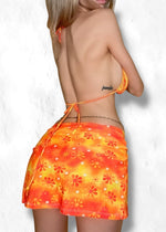 Y2K Tropical Floral Side Slit Mini Skirt Cover-Up | Retro Orange Crush