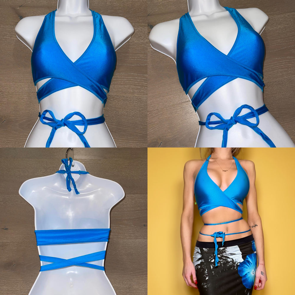 Y2K Hybrid Wrap Halter Swimsuit Longline Sporty Crop Top | Capri Blue